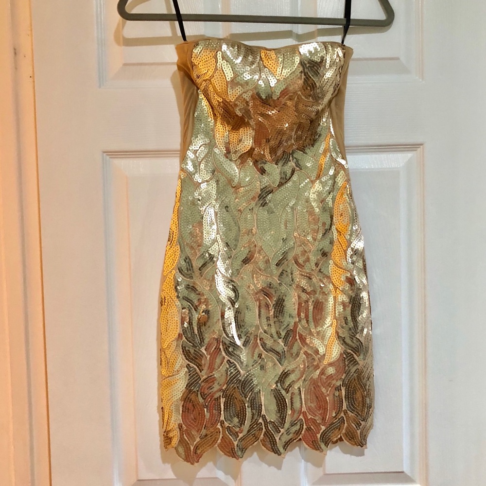 Bebe strapless gold sequin party dress